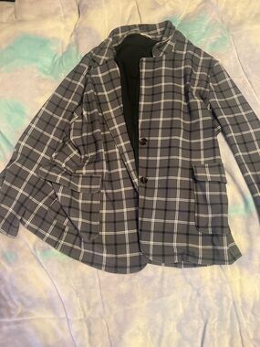 Women's Gray Plaid Single-Breasted Blazer Jacket